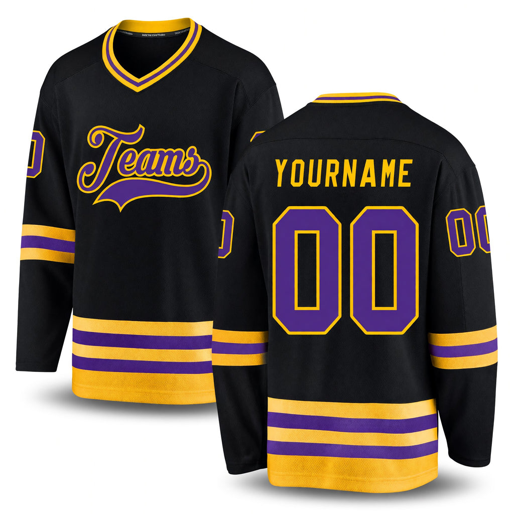 Custom Black Purple-Gold Hockey Jersey
