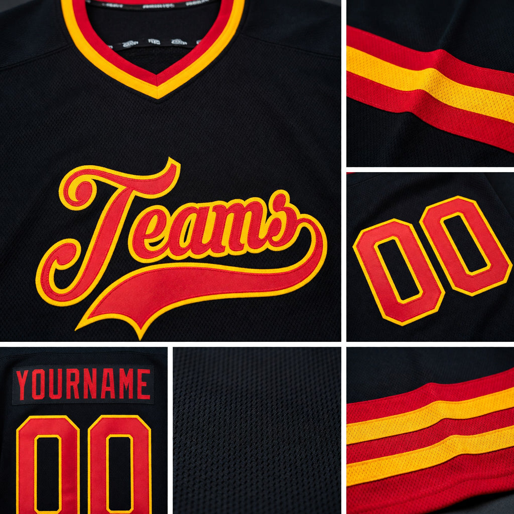 Custom Black Red-Gold Hockey Jersey detail