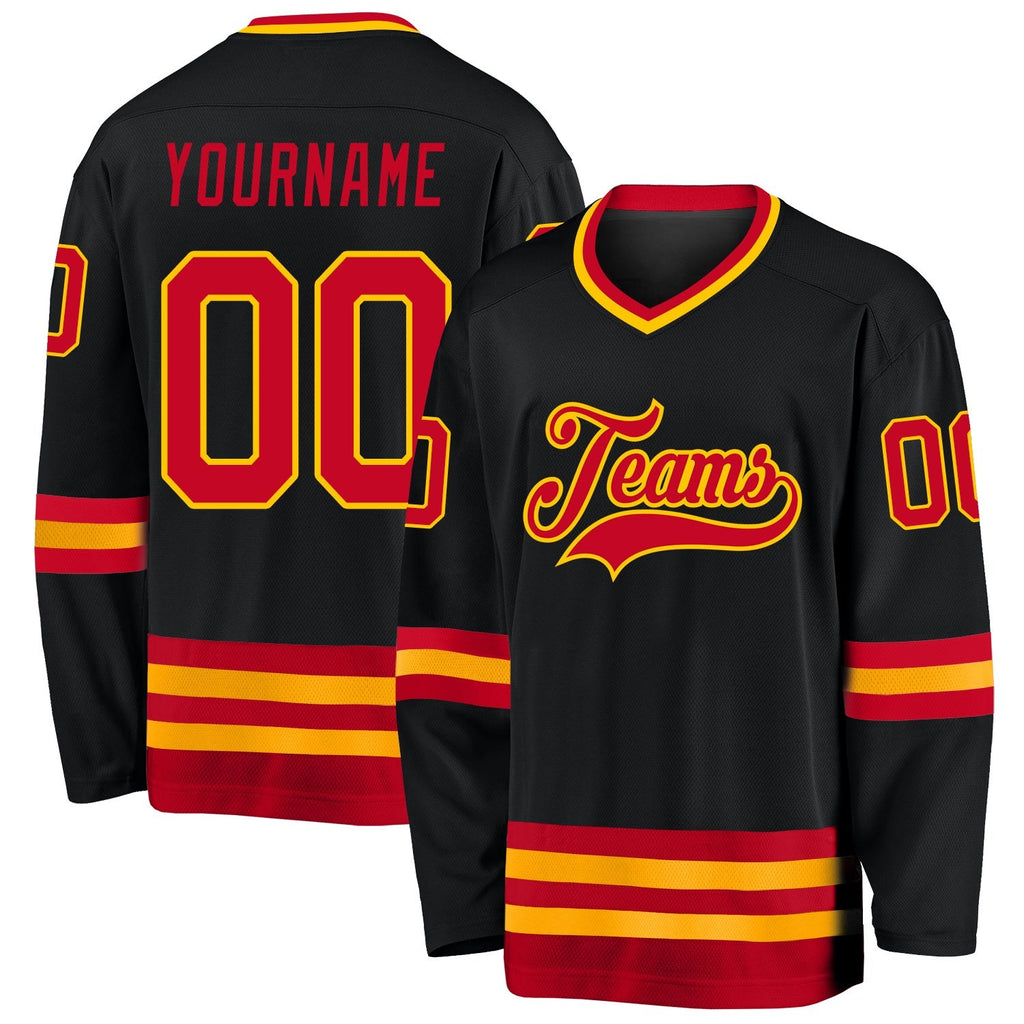 Custom Black Red-Gold Hockey Jersey photo 1