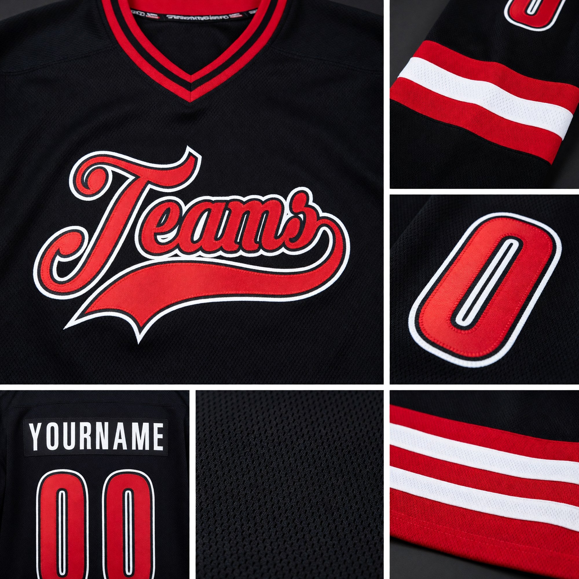 Custom Black Red-White Hockey Jersey detail
