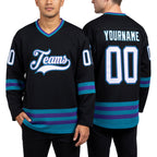 Custom Black White-Teal Hockey Jersey worn front and back