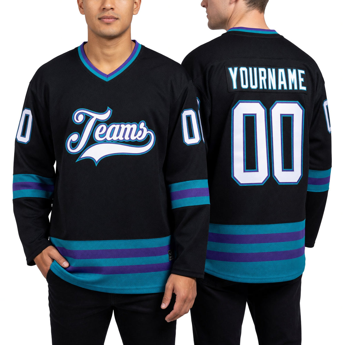 Custom Black White-Teal Hockey Jersey worn front and back