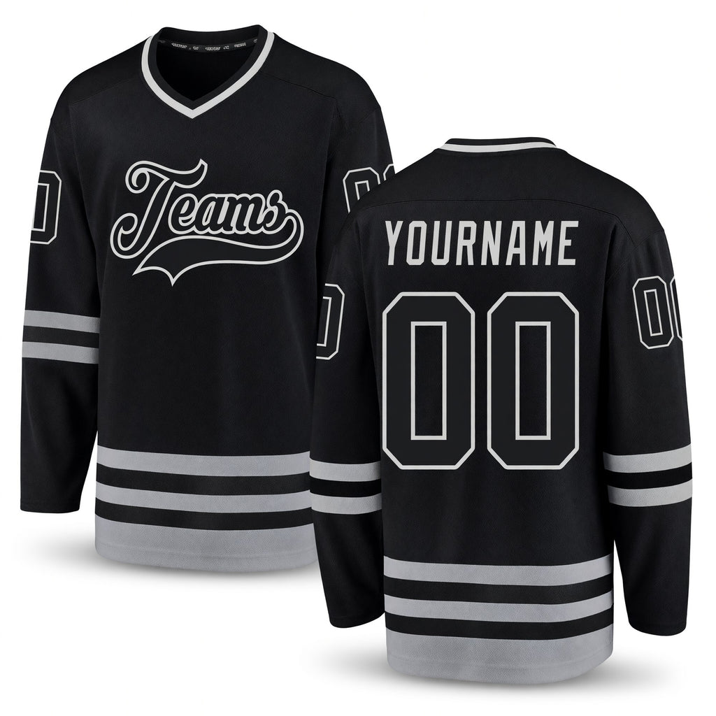 Custom Black Black-Gray Hockey Jersey