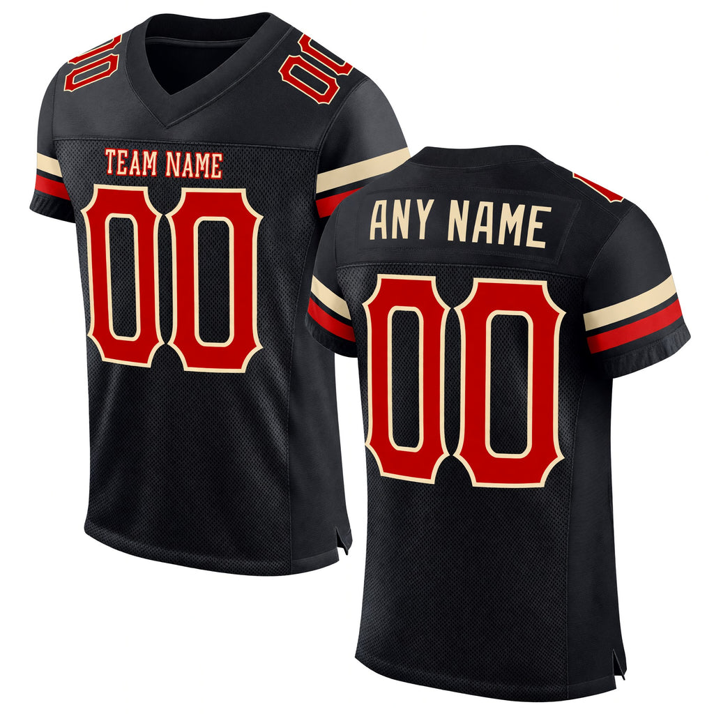 Custom Black Red-Cream Mesh Authentic Football Jersey
