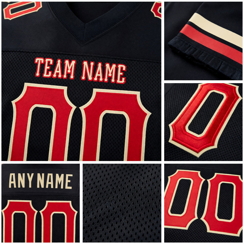 Custom Black Red-Cream Mesh Authentic Football Jersey detail