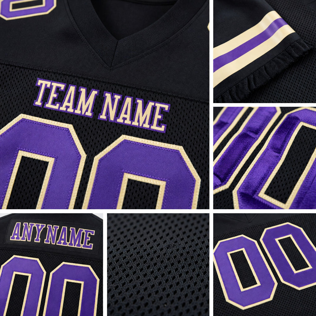 Custom Black Purple-Cream Mesh Authentic Football Jersey detail