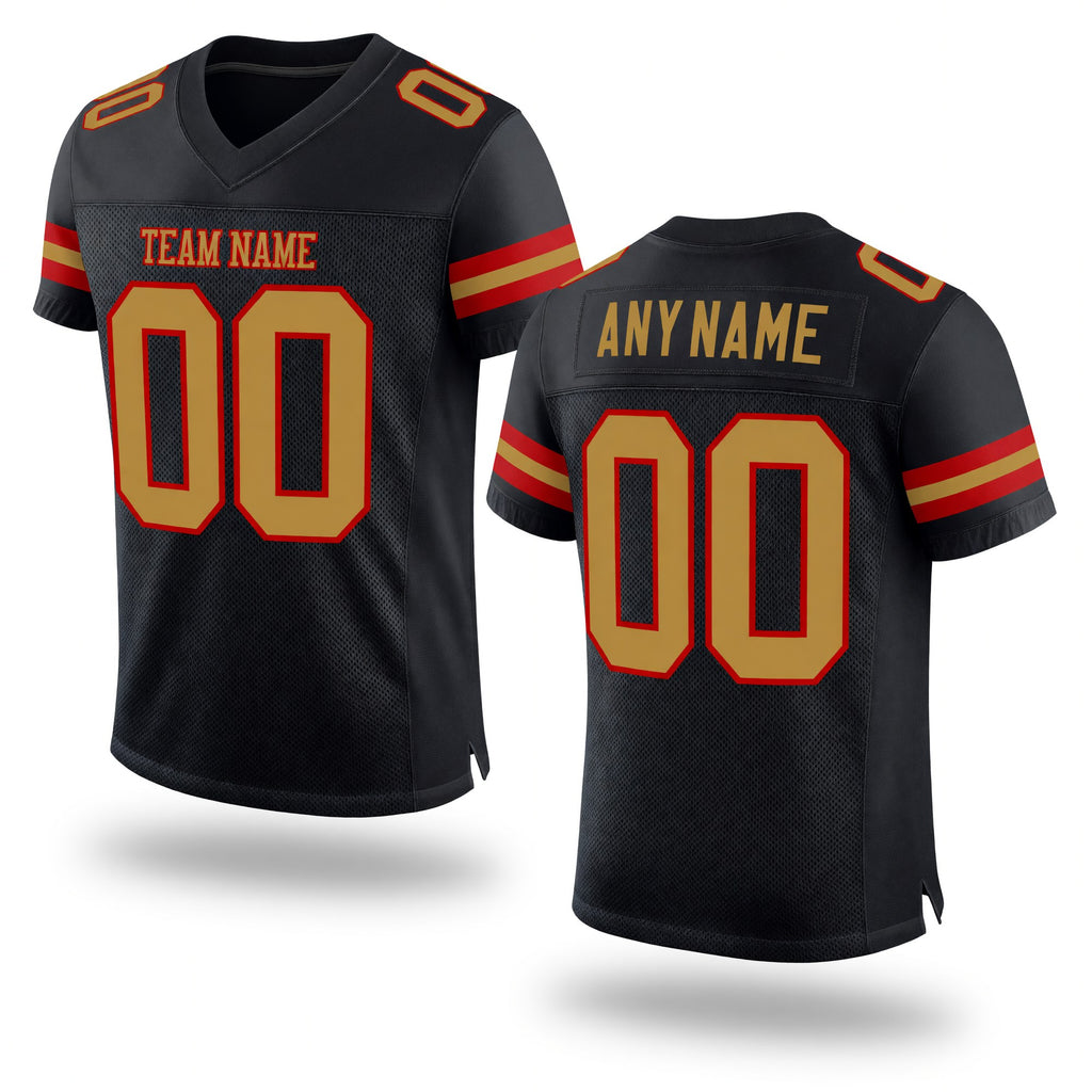 Custom Black Old Gold-Red Mesh Authentic Football Jersey