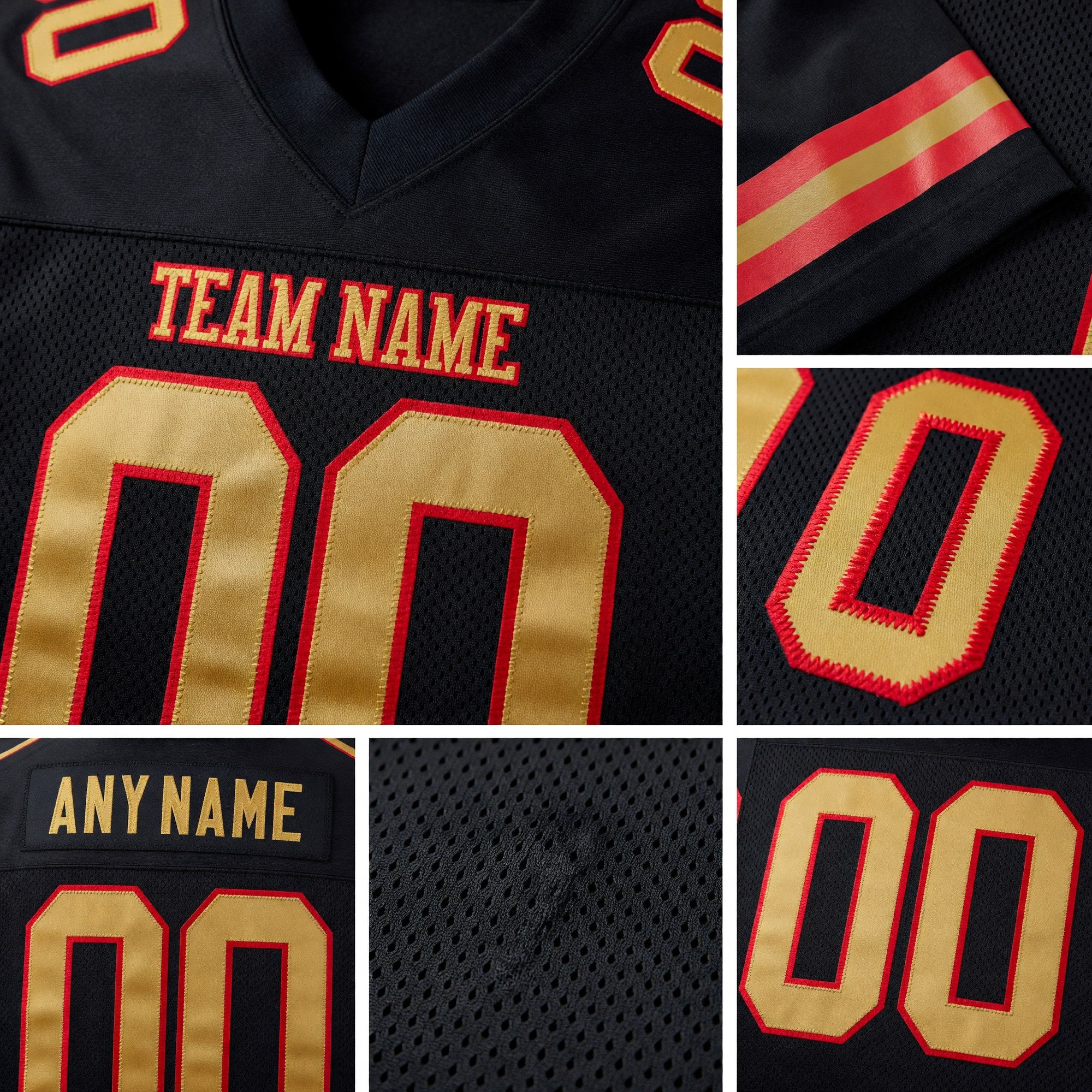 Custom Black Old Gold-Red Mesh Authentic Football Jersey detail