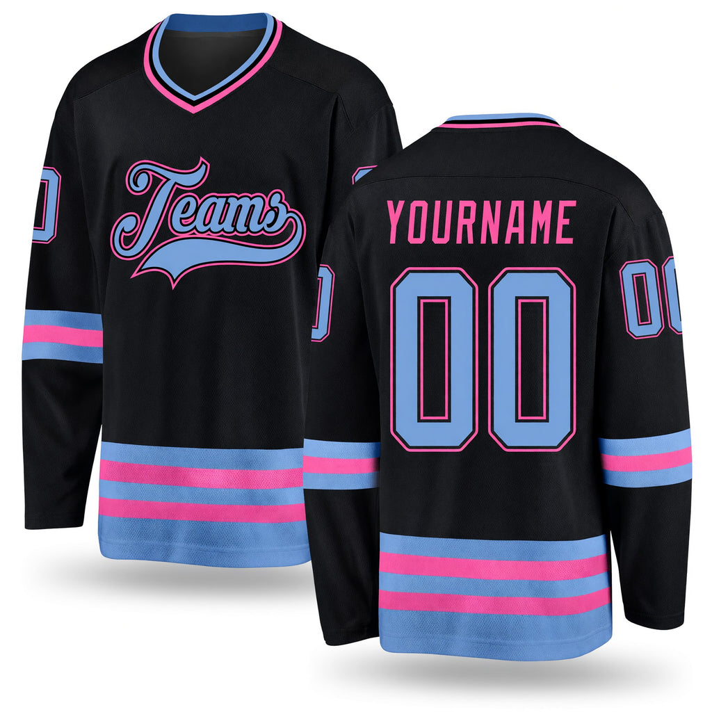 Custom Black Light Blue-Pink Hockey Jersey
