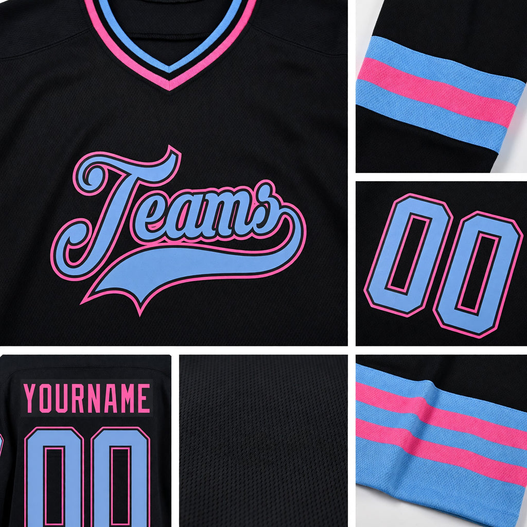 Custom Black Light Blue-Pink Hockey Jersey detail