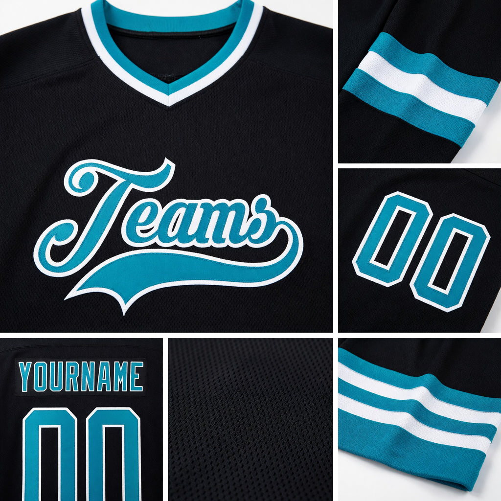 Custom Black Teal-White Hockey Jersey detail