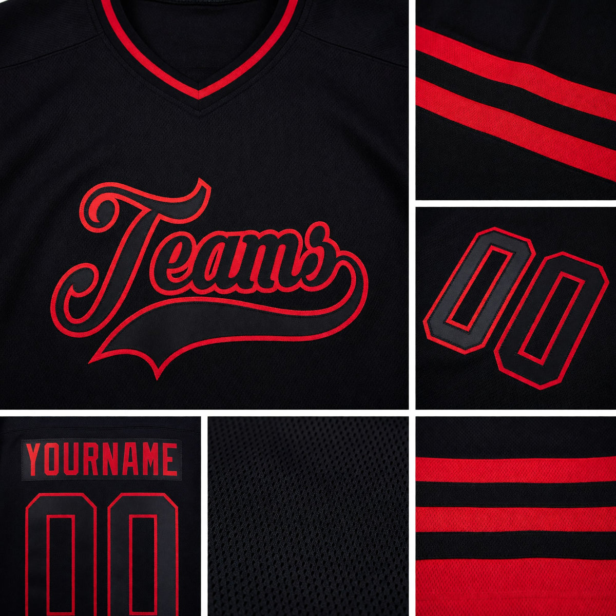 Custom Black Black-Red Hockey Jersey detail