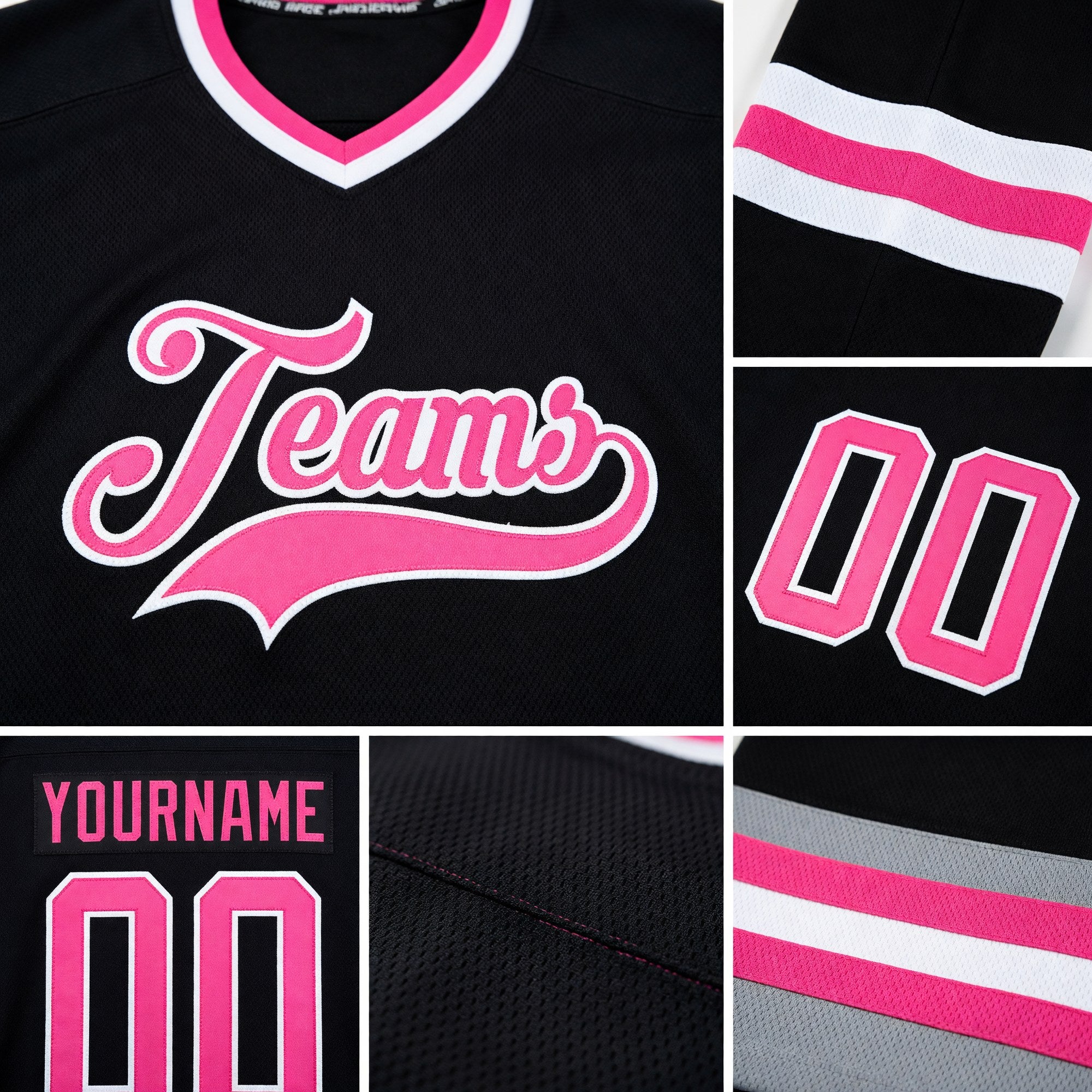 Custom Black Pink-White Hockey Jersey detail