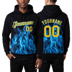 Custom Stitched Black Gold-Aqua 3D Pattern Design Flame Sports Pullover Sweatshirt Hoodie worn front and back