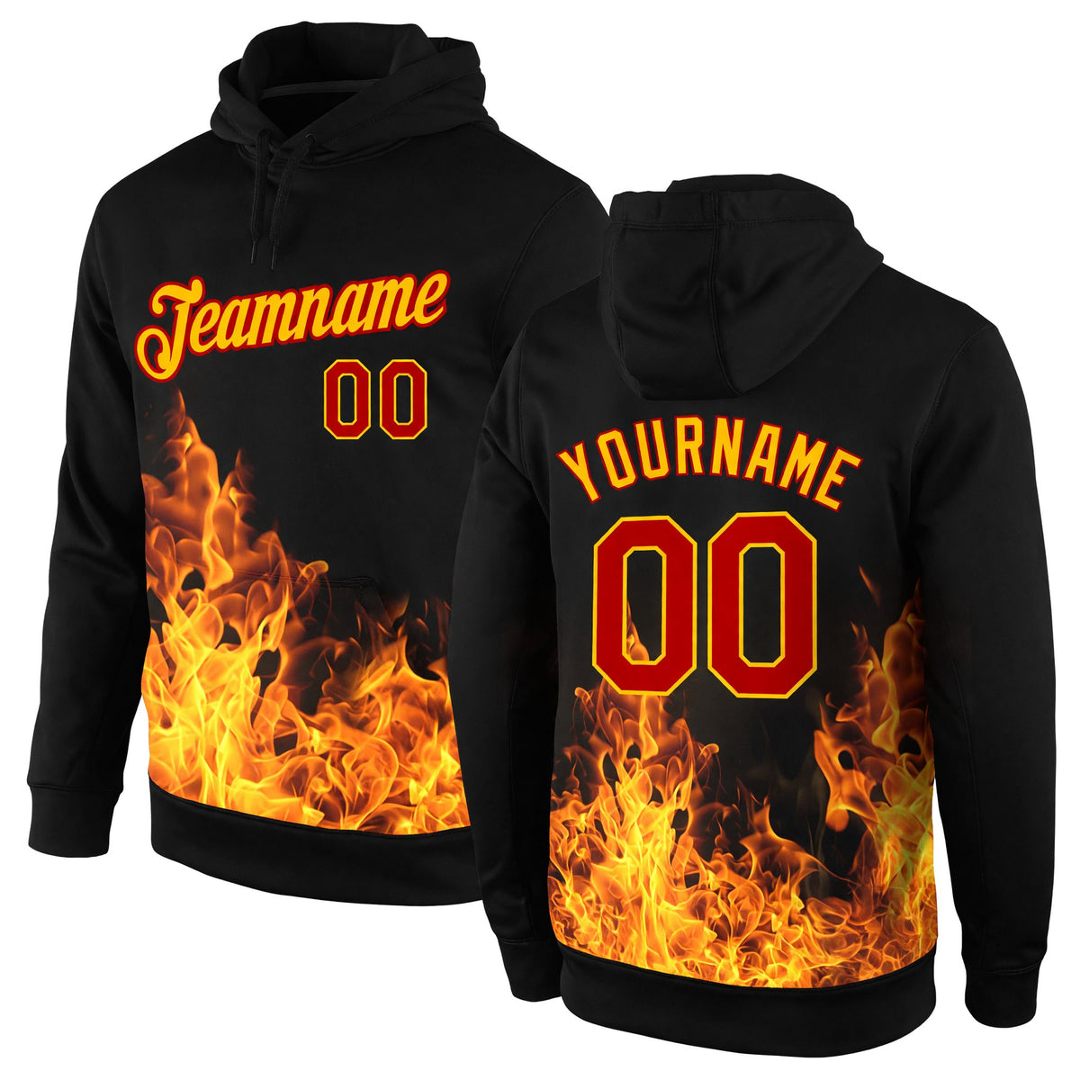 Custom Stitched Black Red-Gold 3D Pattern Design Flame Sports Pullover Sweatshirt Hoodie