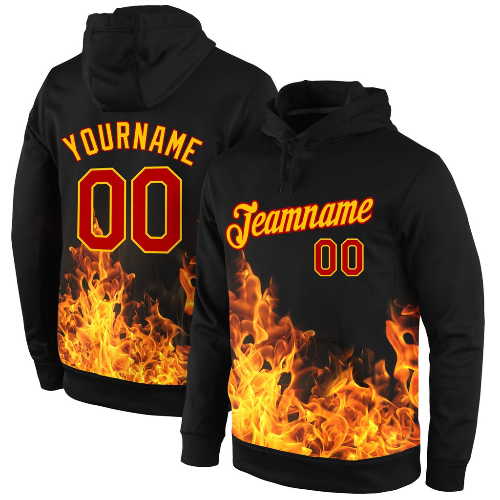 Custom Stitched Black Red-Gold 3D Pattern Design Flame Sports Pullover Sweatshirt Hoodie photo 1