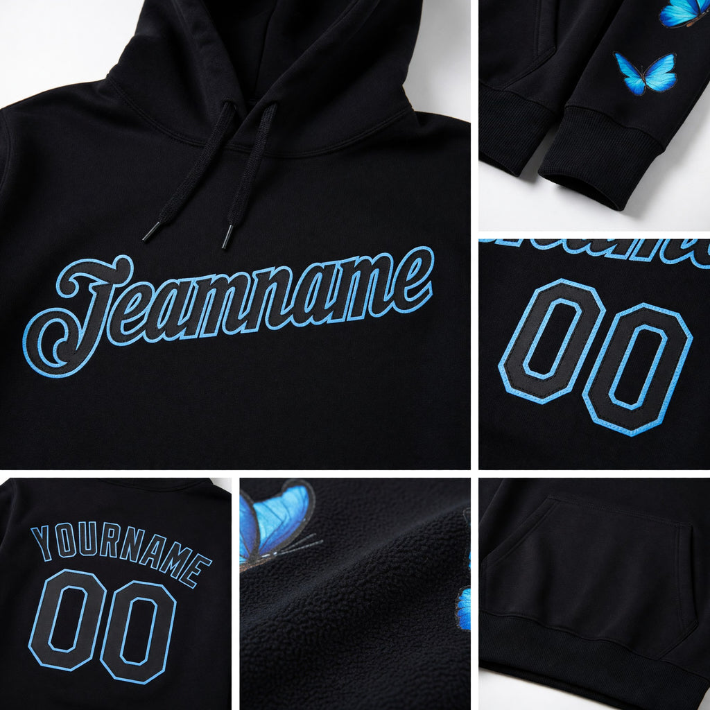Custom Stitched Black Black-Light Blue 3D Pattern Design Butterfly Sports Pullover Sweatshirt Hoodie detail