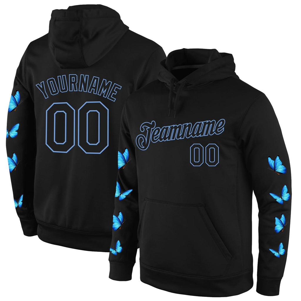Custom Stitched Black Black-Light Blue 3D Pattern Design Butterfly Sports Pullover Sweatshirt Hoodie photo 1