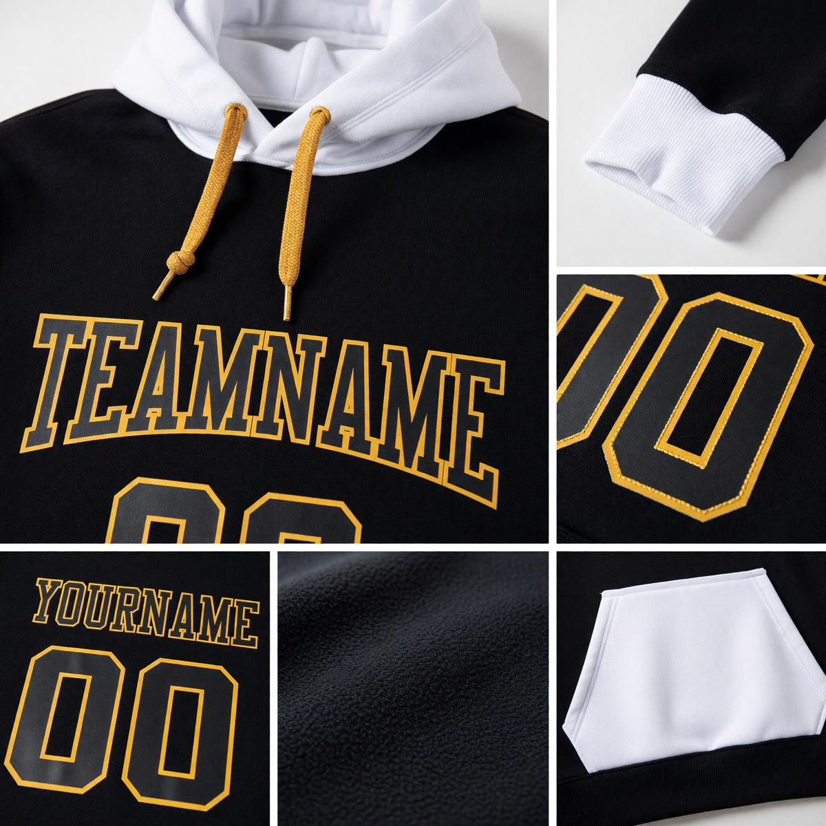 Custom Stitched Black Black-White Sports Pullover Sweatshirt Hoodie detail