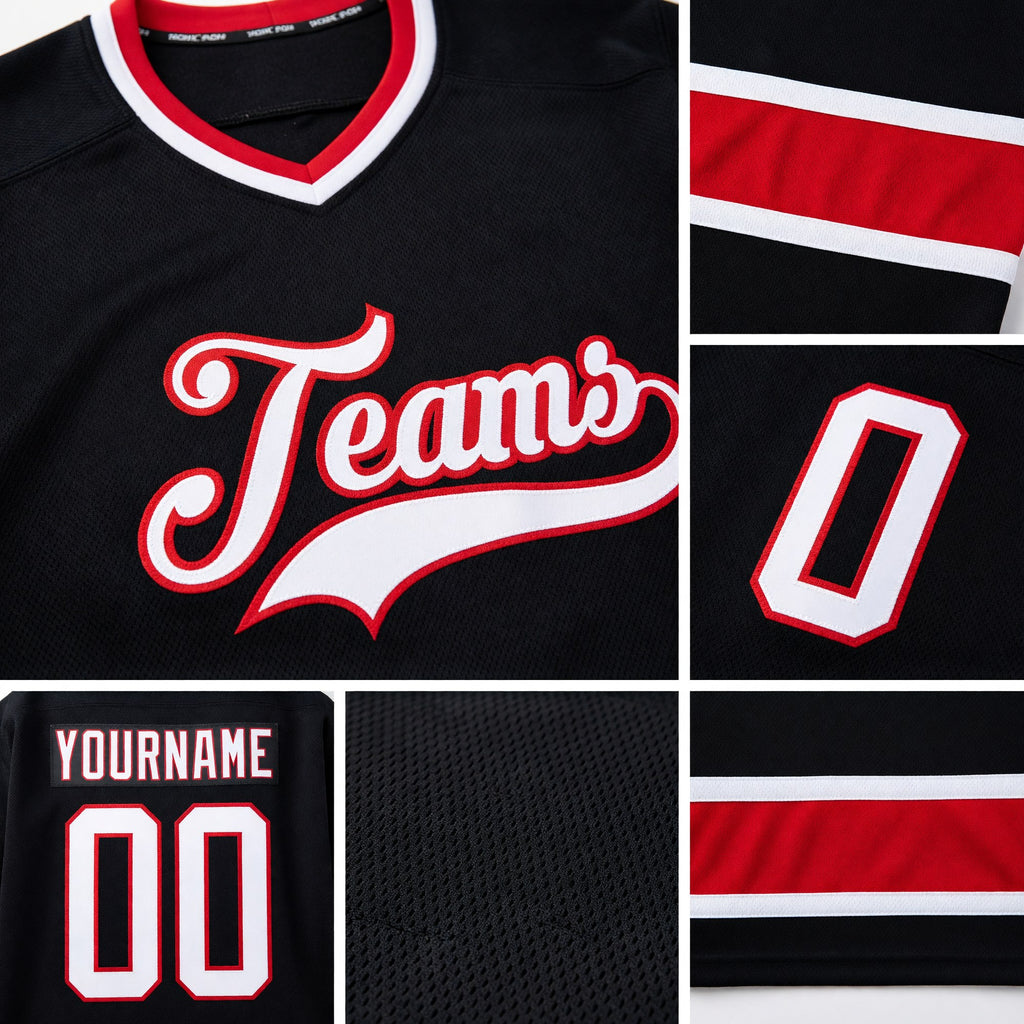 Custom Black White-Red Hockey Jersey detail