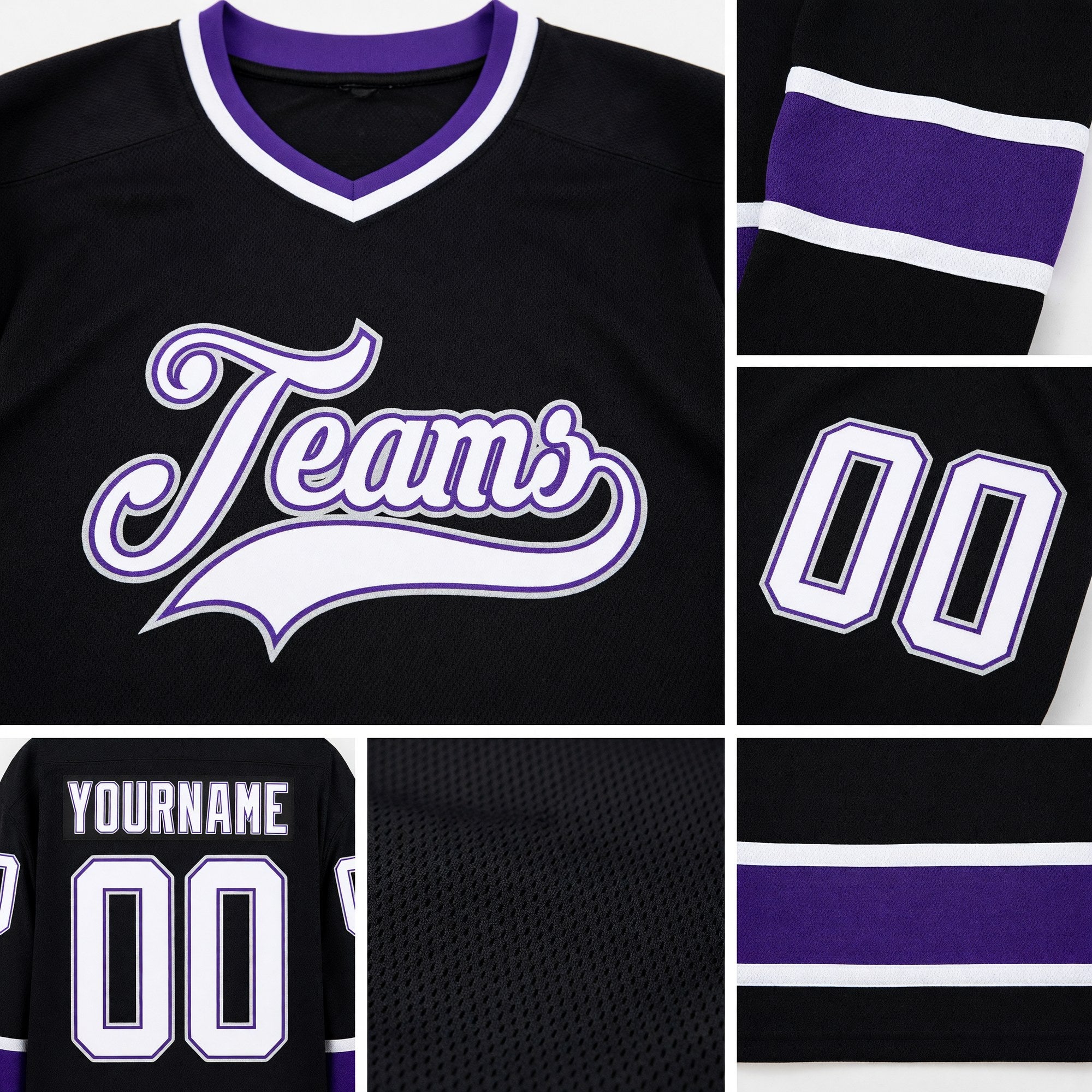 Custom Black White-Purple Hockey Jersey detail