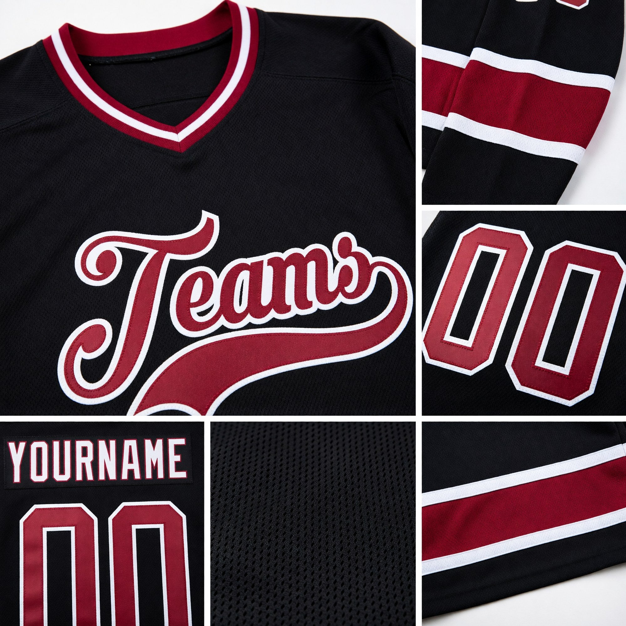 Custom Black Maroon-White Hockey Jersey detail