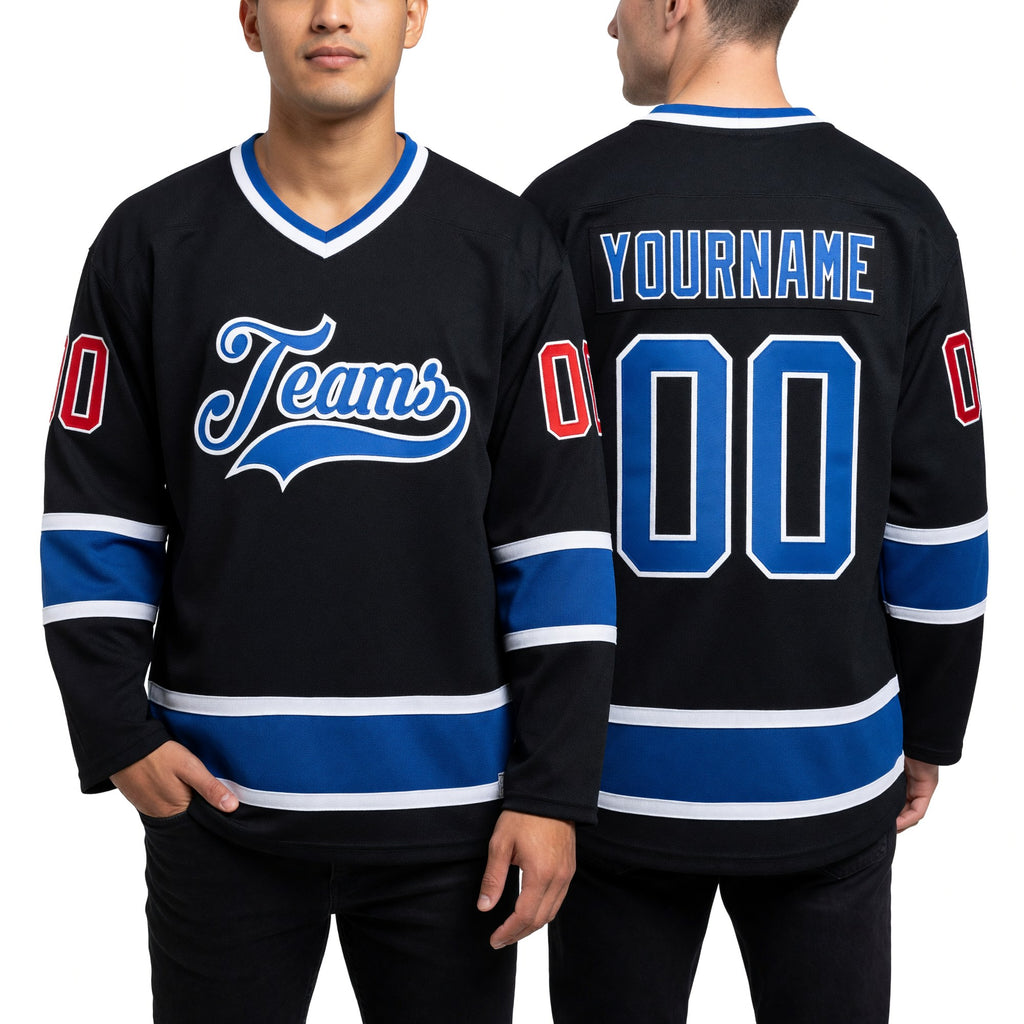 Custom Black Royal-Red Hockey Jersey worn front and back