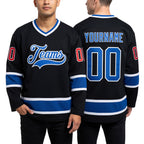 Custom Black Royal-Red Hockey Jersey worn front and back