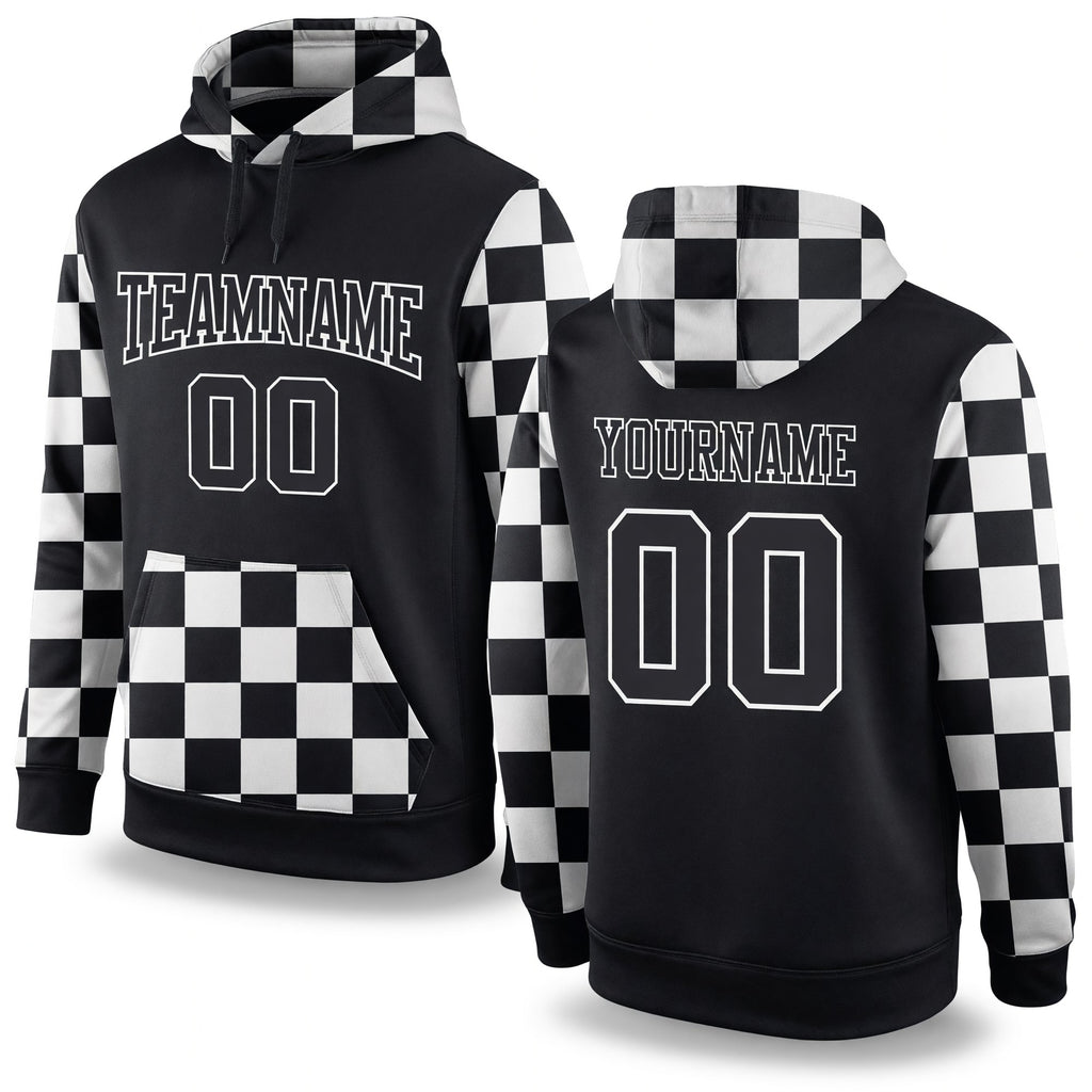 Custom Stitched Black Black-White Sports Pullover Sweatshirt Hoodie