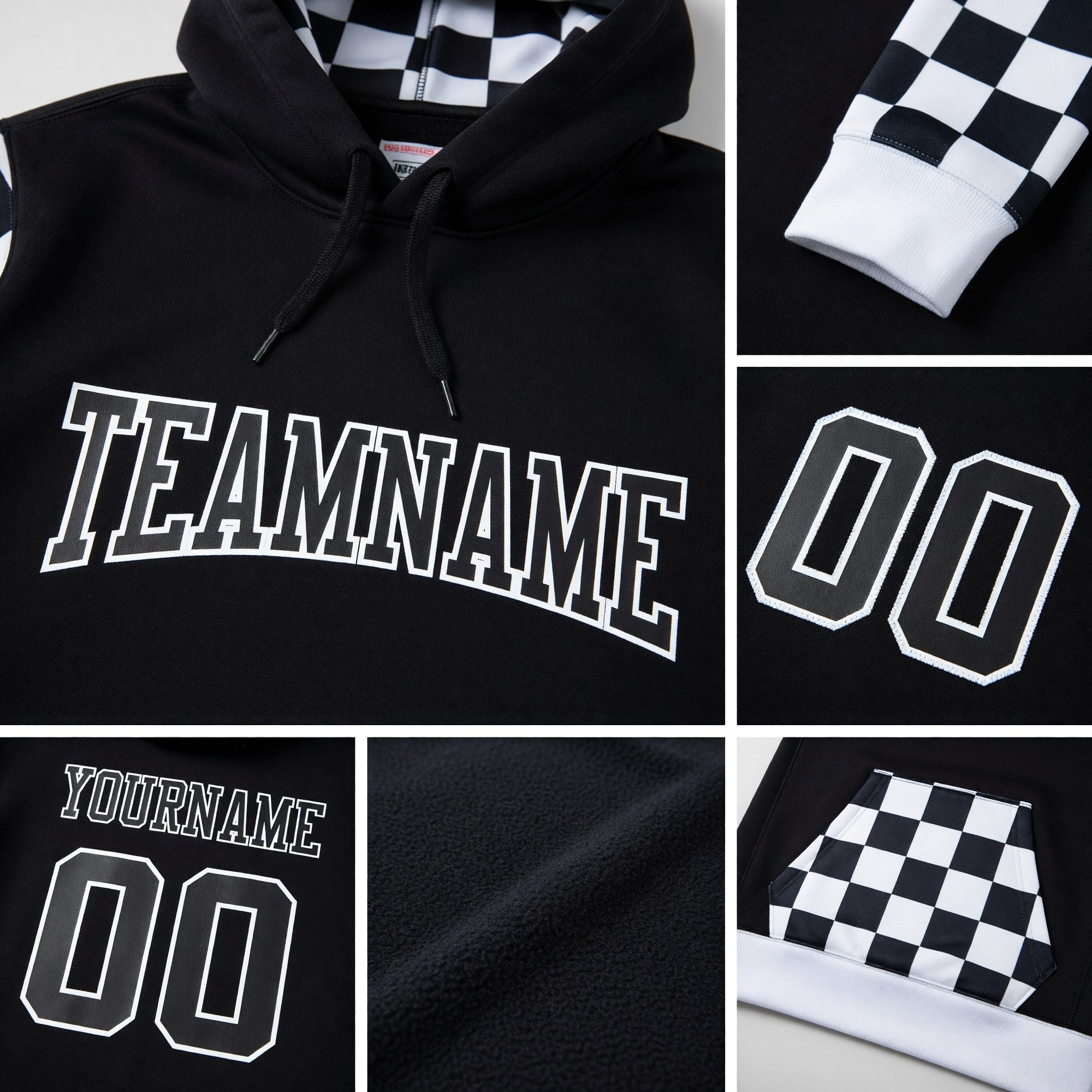Custom Stitched Black Black-White Sports Pullover Sweatshirt Hoodie detail