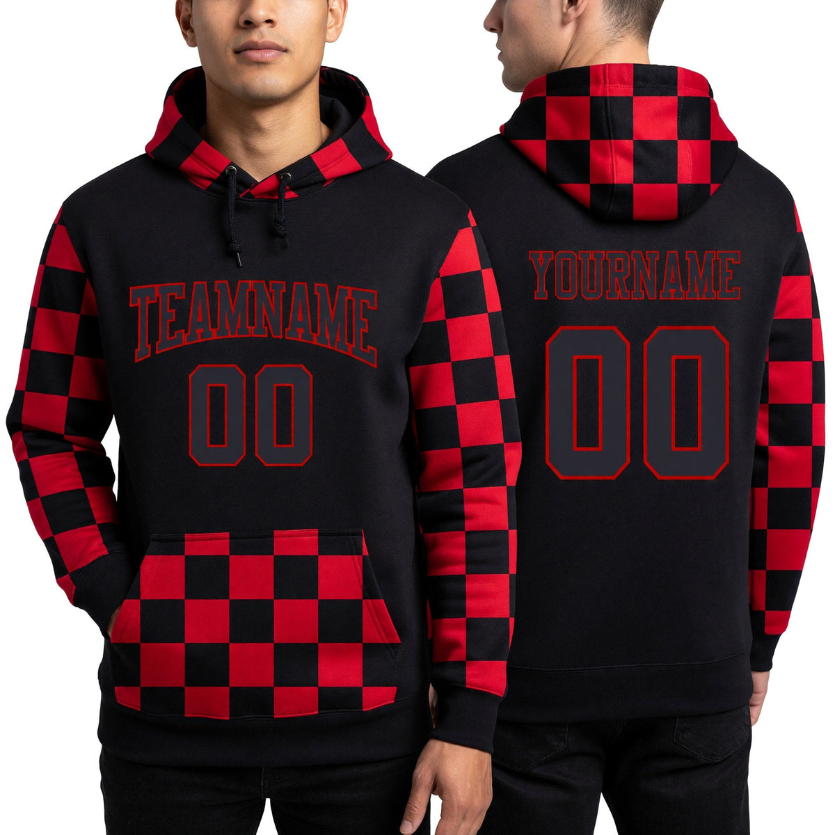 Custom Stitched Black Black-Red Sports Pullover Sweatshirt Hoodie worn front and back