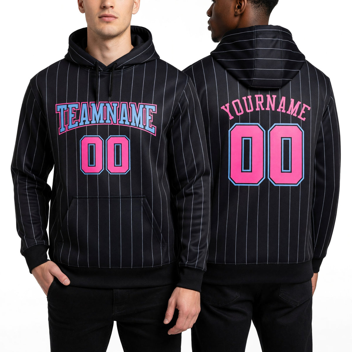 Custom Stitched Black White Pinstripe Pink-Light Blue Sports Pullover Sweatshirt Hoodie worn front and back
