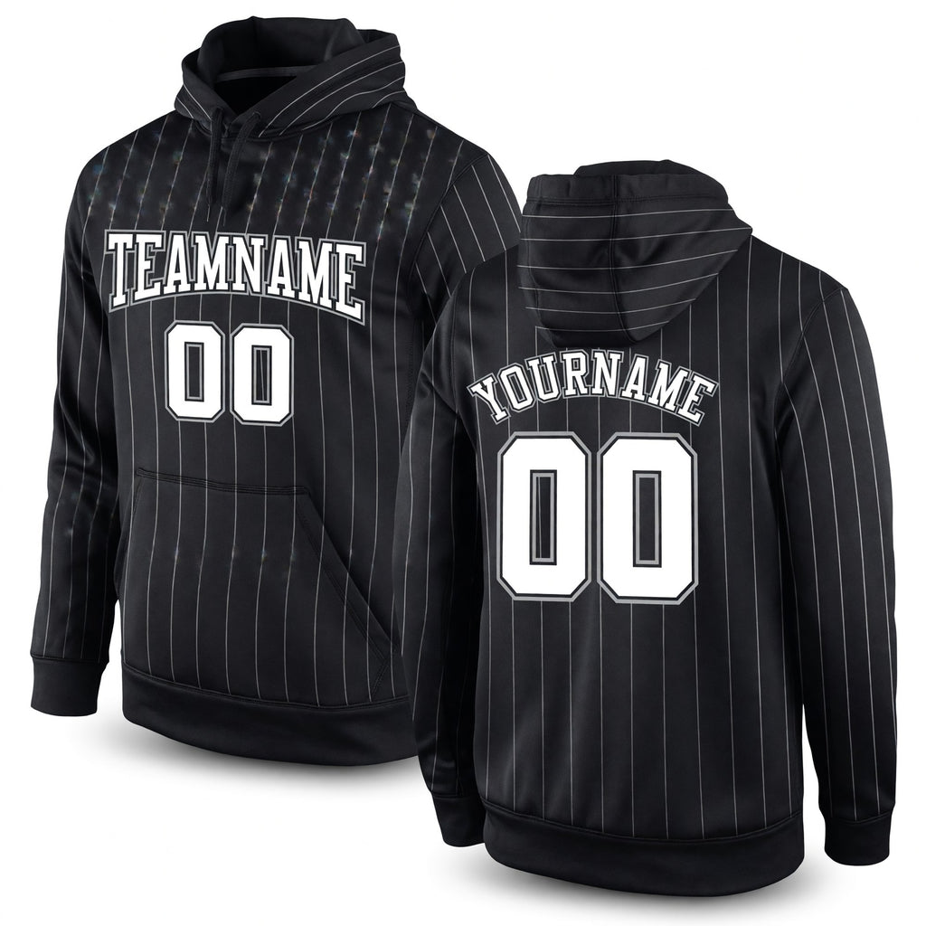 Custom Stitched Black White Pinstripe White-Gray Sports Pullover Sweatshirt Hoodie