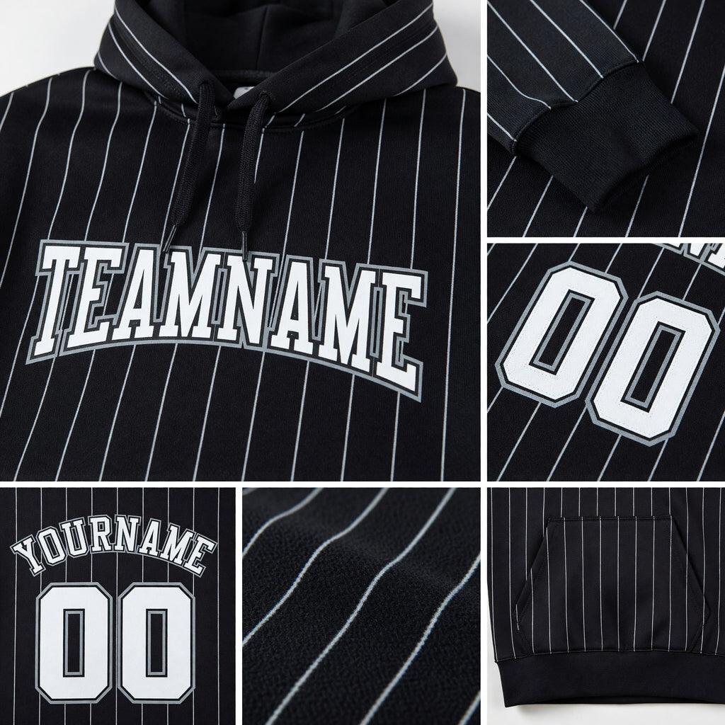Custom Stitched Black White Pinstripe White-Gray Sports Pullover Sweatshirt Hoodie detail
