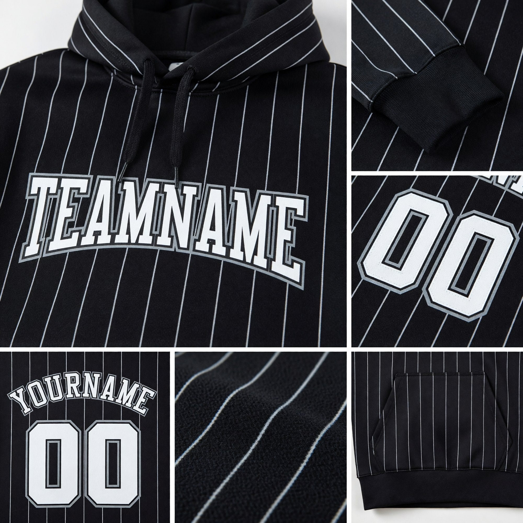 Custom Stitched Black White Pinstripe White-Gray Sports Pullover Sweatshirt Hoodie detail