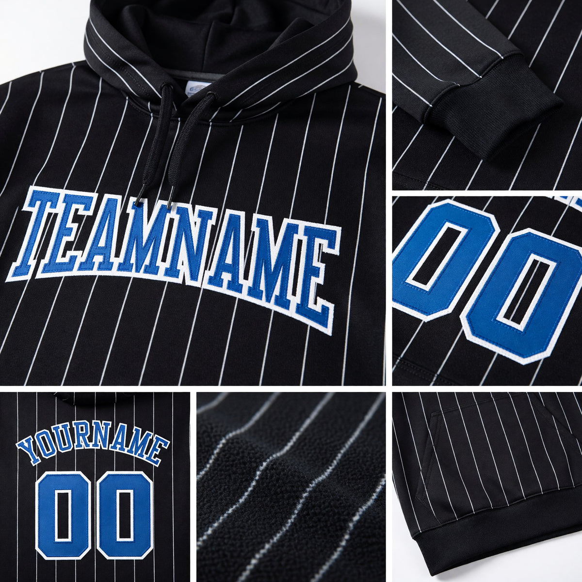 Custom Stitched Black White Pinstripe Royal-White Sports Pullover Sweatshirt Hoodie detail