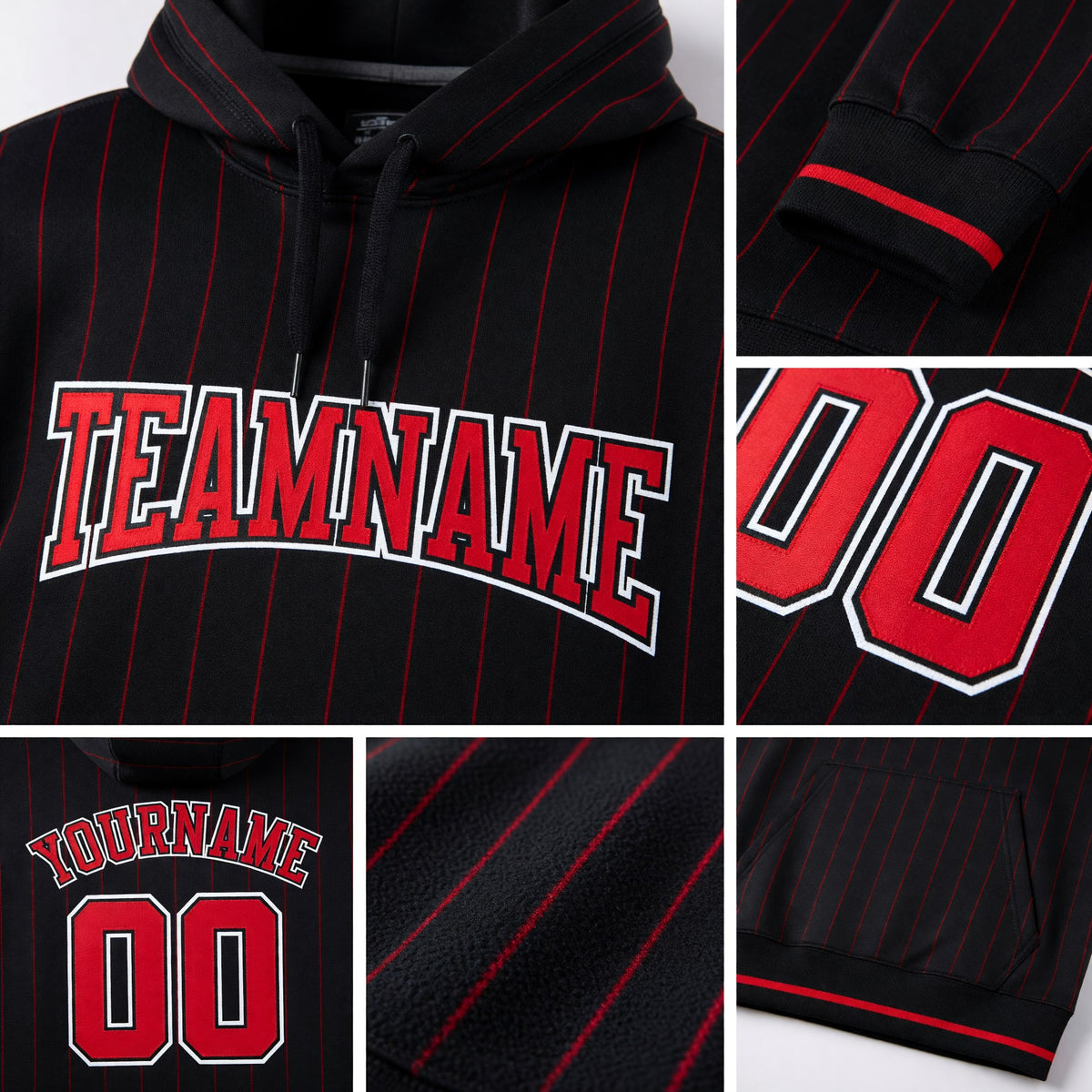Custom Stitched Black Red Pinstripe Red-White Sports Pullover Sweatshirt Hoodie detail