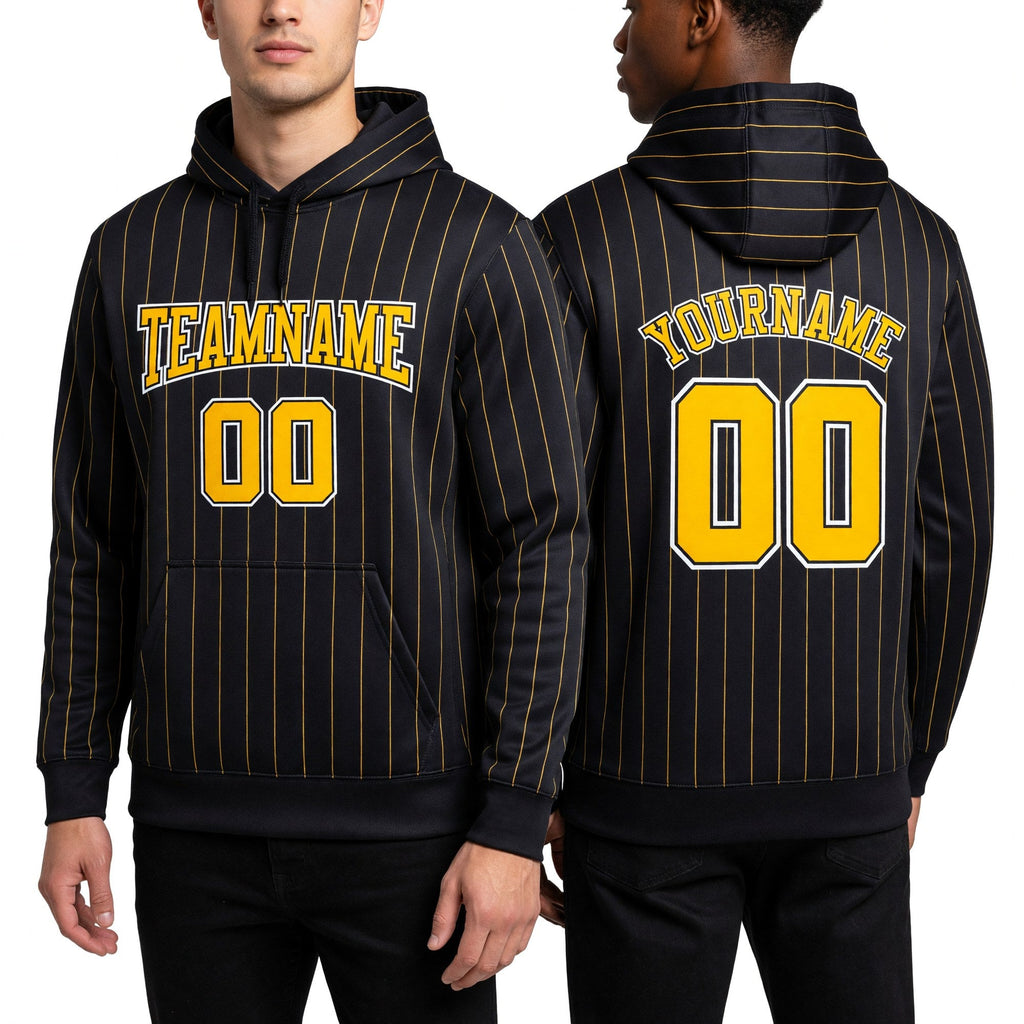 Custom Stitched Black Gold Pinstripe Gold-White Sports Pullover Sweatshirt Hoodie worn front and back