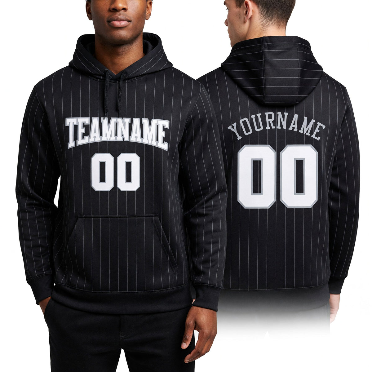 Custom Stitched Black Gray Pinstripe White-Gray Sports Pullover Sweatshirt Hoodie worn front and back