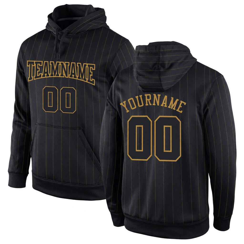 Custom Stitched Black Old Gold Pinstripe Black-Old Gold Sports Pullover Sweatshirt Hoodie