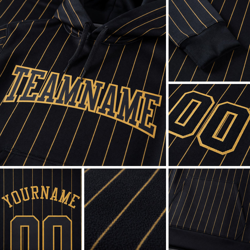 Custom Stitched Black Old Gold Pinstripe Black-Old Gold Sports Pullover Sweatshirt Hoodie detail