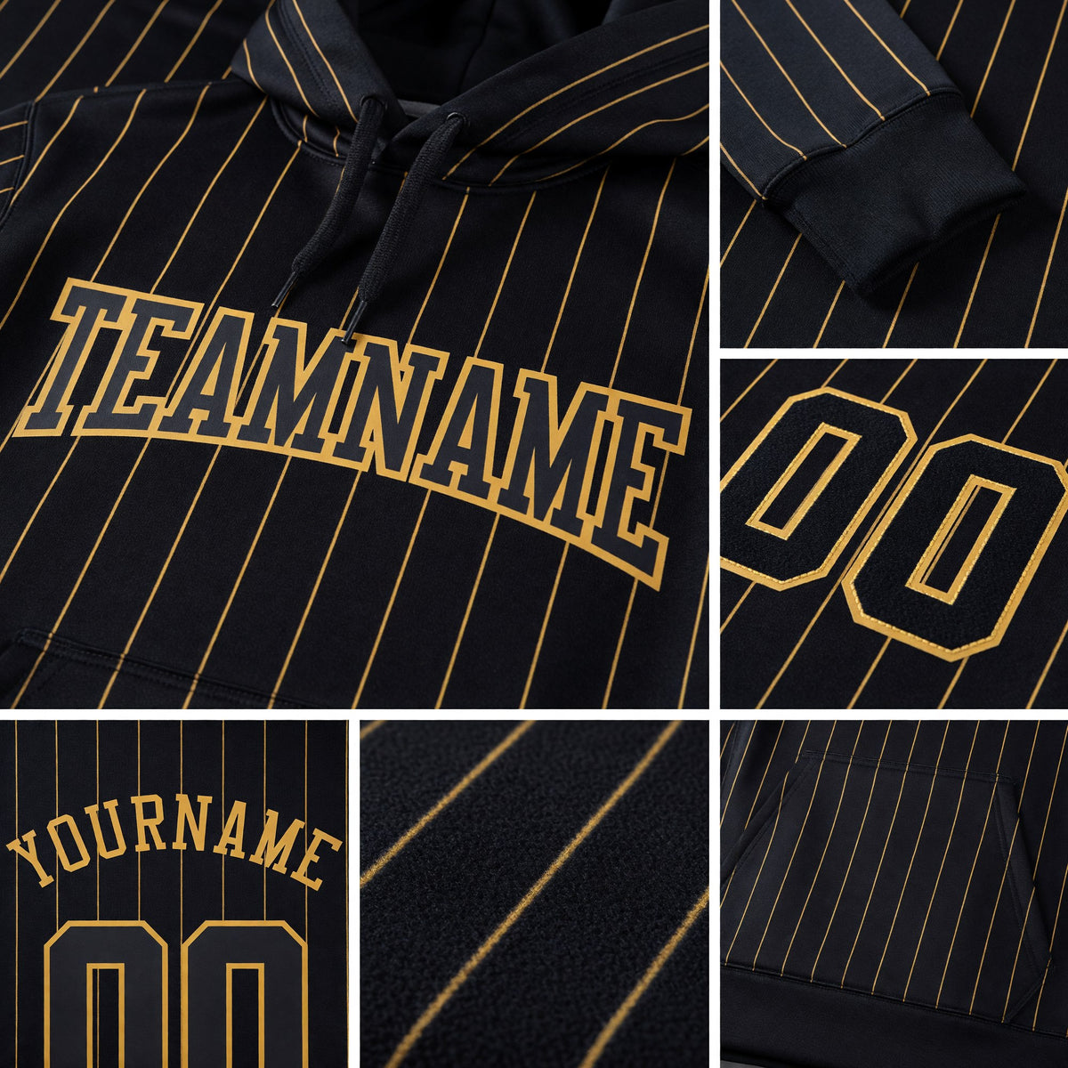Custom Stitched Black Old Gold Pinstripe Black-Old Gold Sports Pullover Sweatshirt Hoodie detail