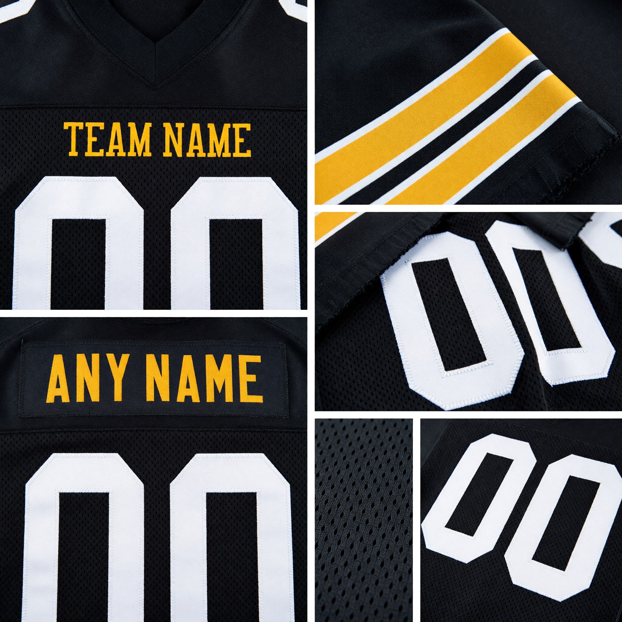 Custom Black White-Gold Mesh Authentic Football Jersey detail