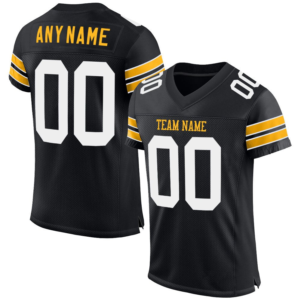Custom Black White-Gold Mesh Authentic Football Jersey photo 1