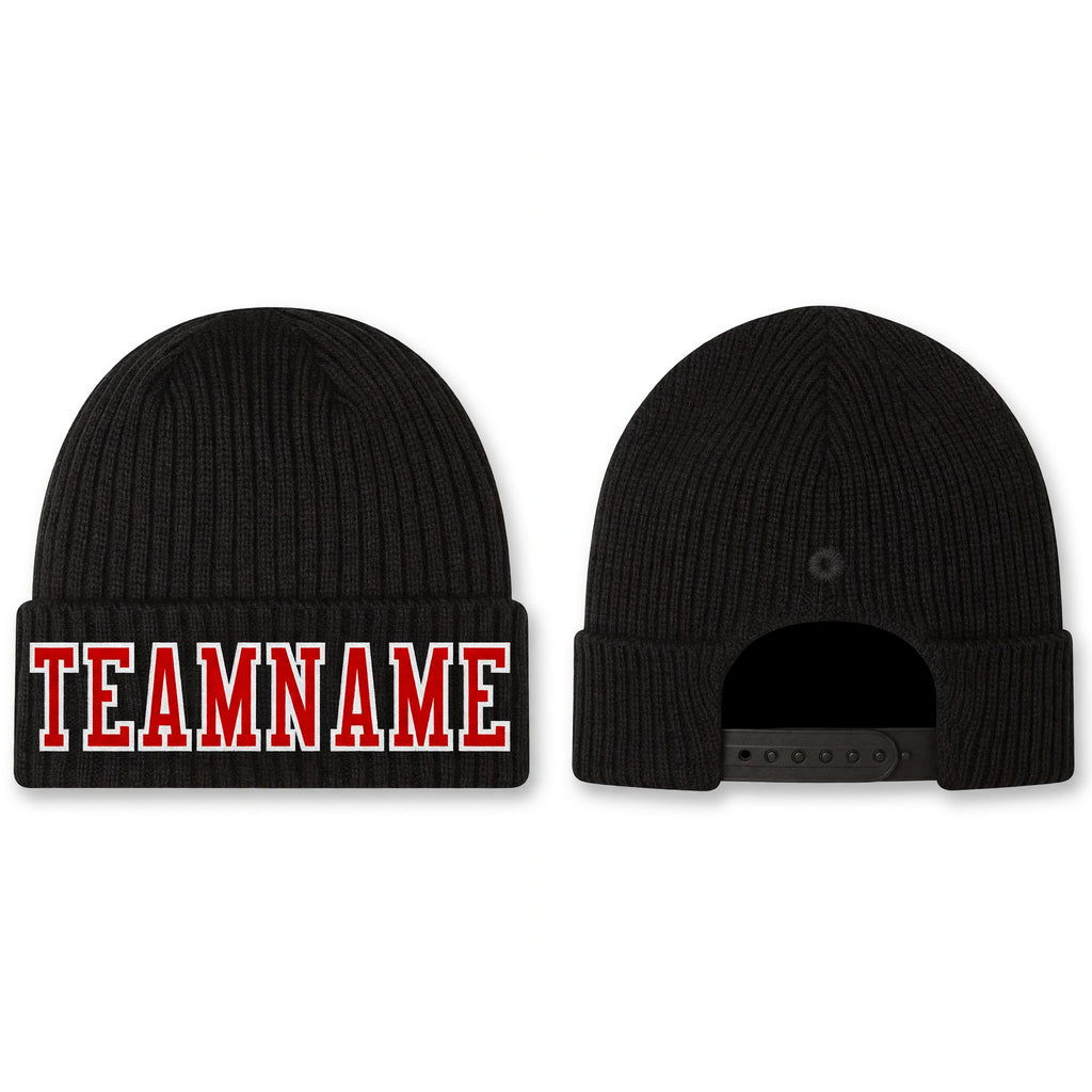 Custom Black Red-White Stitched Cuffed Knit Hat