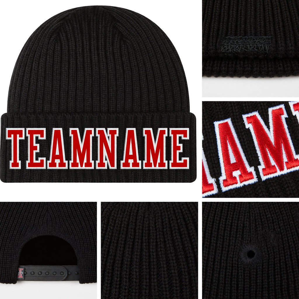 Custom Black Red-White Stitched Cuffed Knit Hat detail
