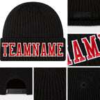 Custom Black Red-White Stitched Cuffed Knit Hat detail