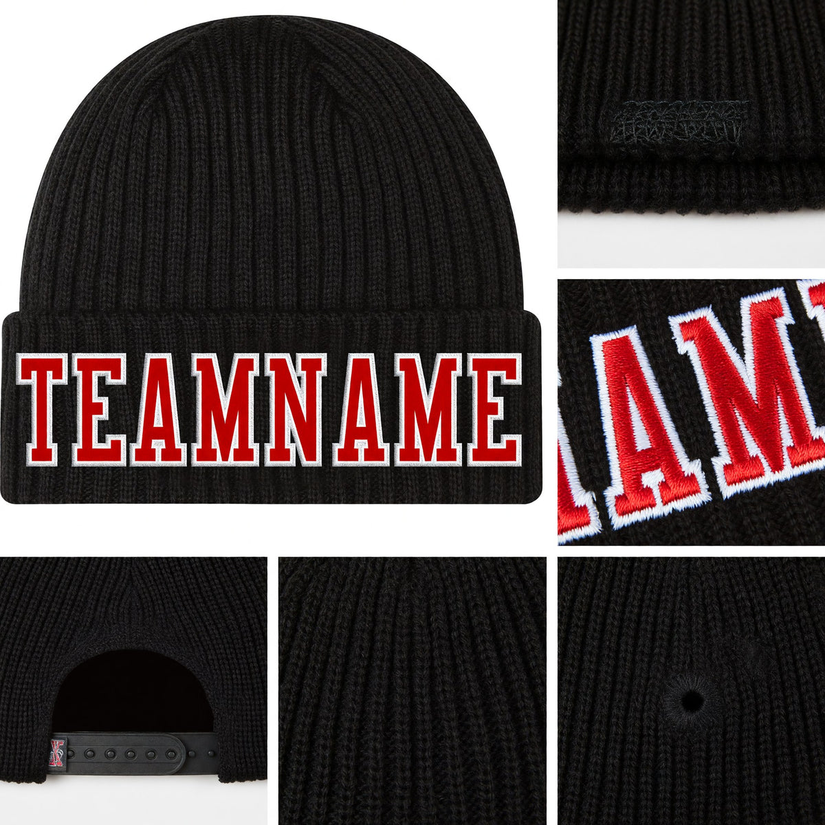 Custom Black Red-White Stitched Cuffed Knit Hat detail