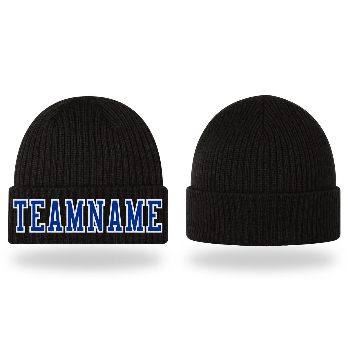Custom Black Royal-White Stitched Cuffed Knit Hat