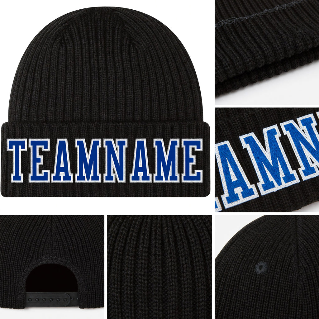 Custom Black Royal-White Stitched Cuffed Knit Hat detail